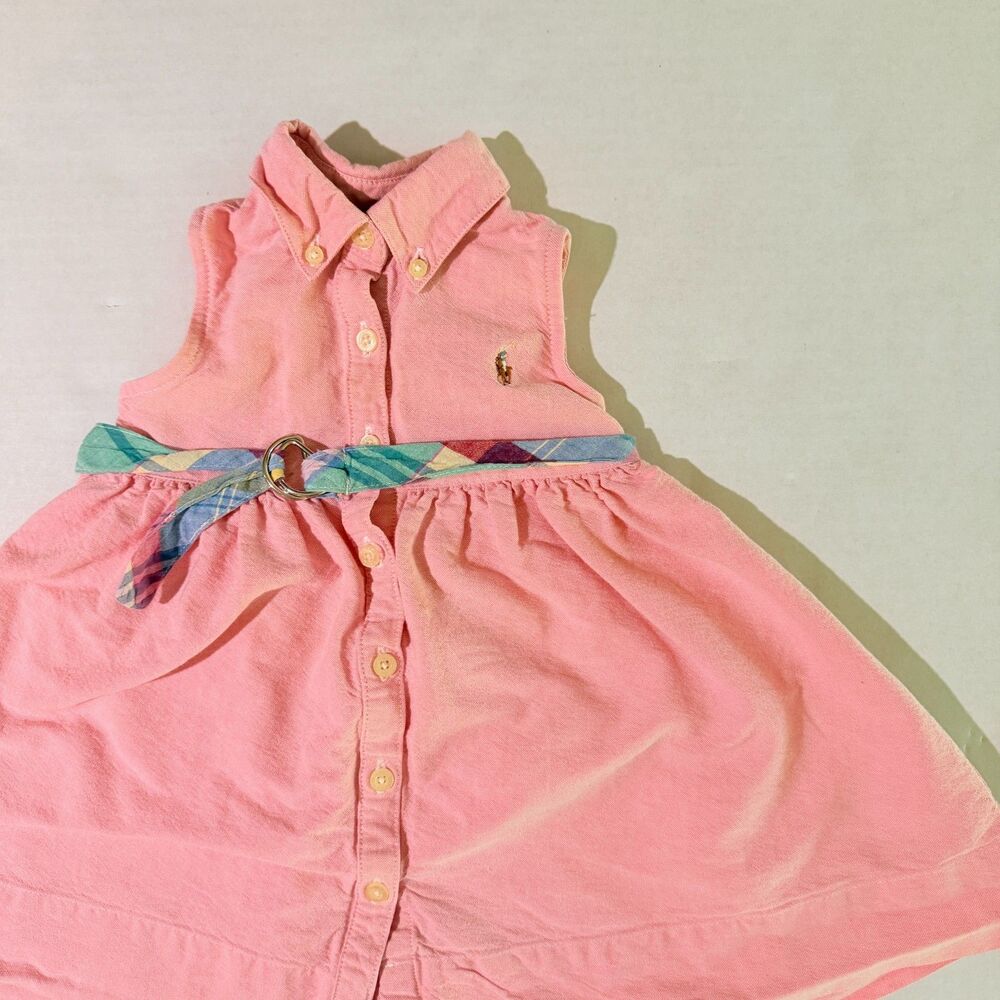 Ralph Lauren, Girl's Pink Oxford Button Sleeveless Flare Shirt Dress, 12-18m